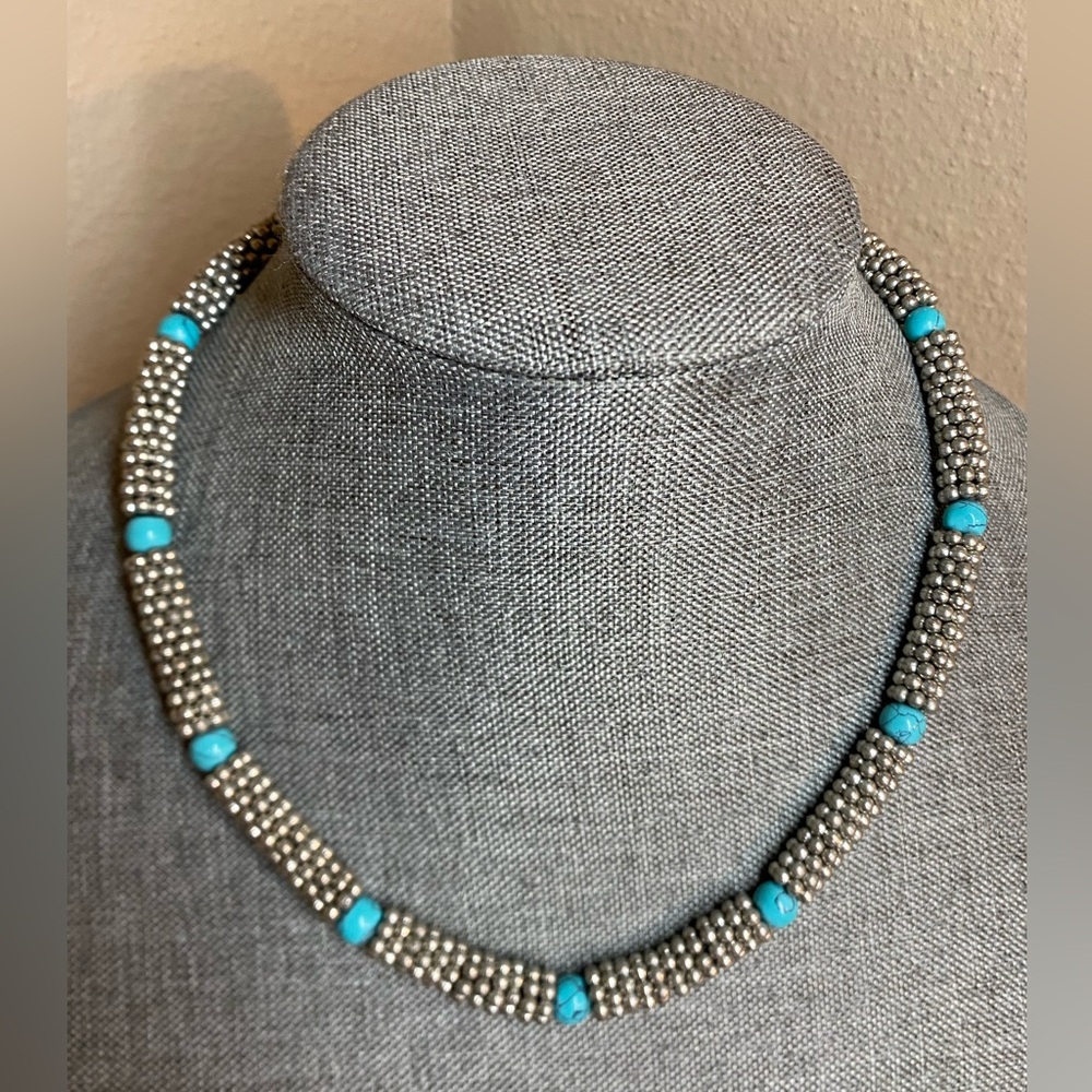 Silver Beaded Collar Necklace with Turquoise Howlite Accents